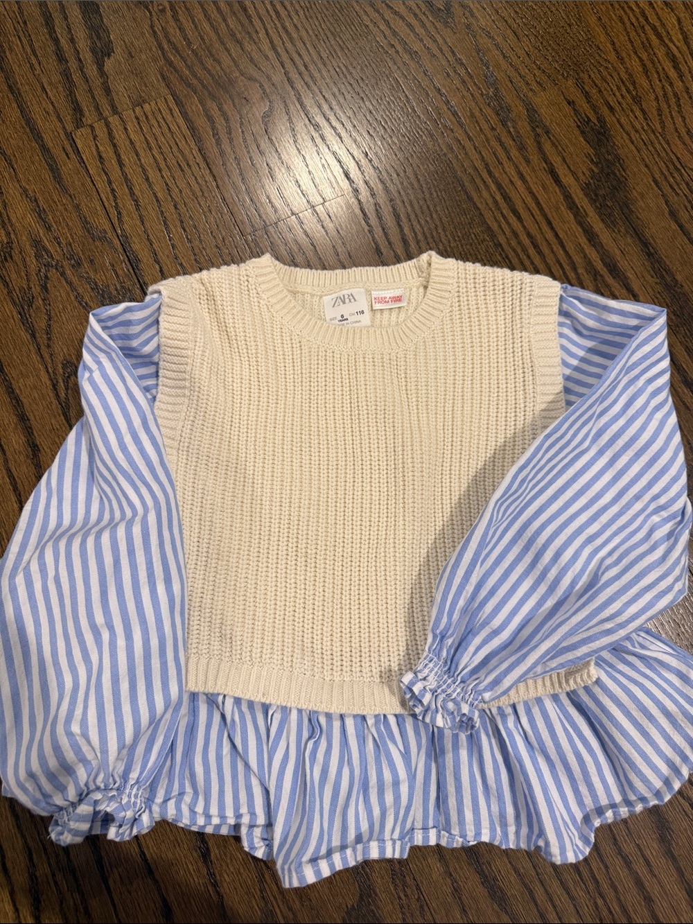Zara Cream Knit Vest with Blue Striped Blouse Sleeves